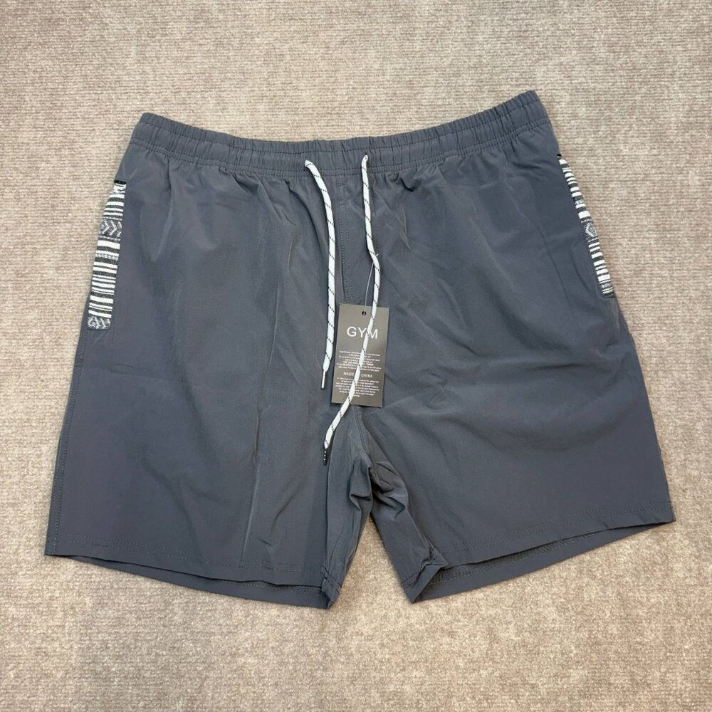 NWT GYM Men's Dark Grey S-XL Casual Shorts Drawstring Summer Beach Stretch Twill